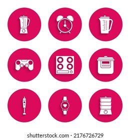 Set Gas stove, Smart watch showing heart beat rate, Double boiler, Slow cooker, Blender, Gamepad, Measuring cup and  icon. Vector