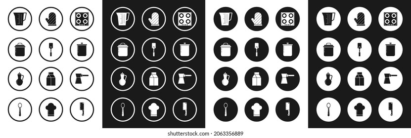 Set Gas stove, Spatula, Cooking pot, Measuring cup, Oven glove, Coffee turk and Bottle olive oil icon. Vector