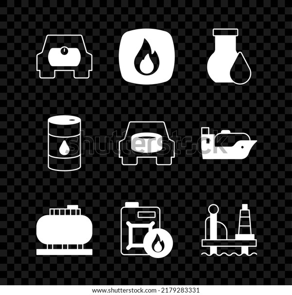 Set Gas tank for vehicle, Fire flame, Oil
petrol test tube, storage, Canister motor oil, platform in the sea,
Barrel and Spare wheel car icon.
Vector