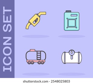 Conjunto Tanque de gas para vehículo, boquilla de bomba de gasolina, cisterna de ferrocarril de aceite e icono de aceite de motor de bote. Vector