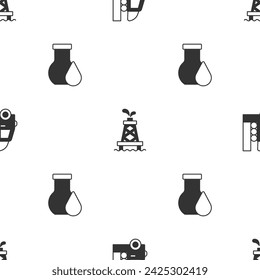 Set Gas tank for vehicle, Oil rig and petrol test tube on seamless pattern. Vector