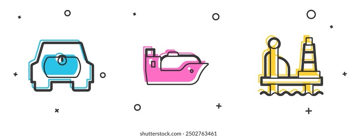 Set Gas tank for vehicle, Oil tanker ship and platform in the sea icon. Vector