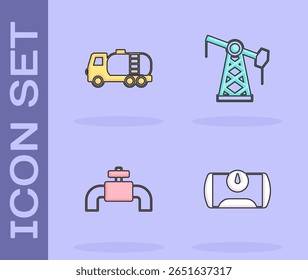 Set Gas tank for vehicle, Tanker truck, Metallic pipes and valve and Oil pump pump jack icon. Vector