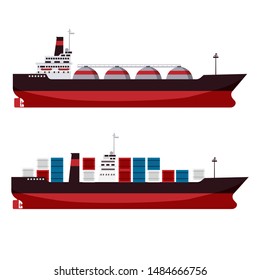 Set Gas tanker LNG Cargo ship tanker with containers. Delivery, transportation, shipping freight transportation Vector isolated cartoon flat style