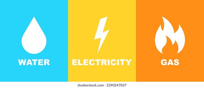 Set of gas, water and electricity vector icons. Town gas, energy sources and water drop. Vector 10 Eps.