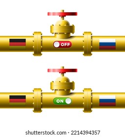 Set gas yellow pipelines with sliders turn on and turn off and flags Russia and Germany vector illustration. Concept gas import from Russia to Germany bundle