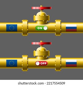 Set gas yellow pipelines with sliders turn off and turn on and flags European union and Russia vector illustration. Concept gas import from Russia bundle