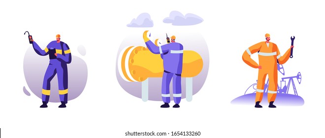 Set of Gasmen and Engineers Stand near Gas Facility Station at Plant. Workers Men in Uniform with Equipment Work in Gas Industry. Technician Maintenance Service. Cartoon Flat Vector Illustration