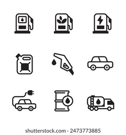 Set of gasoline and gas station icons with black color design on a white background