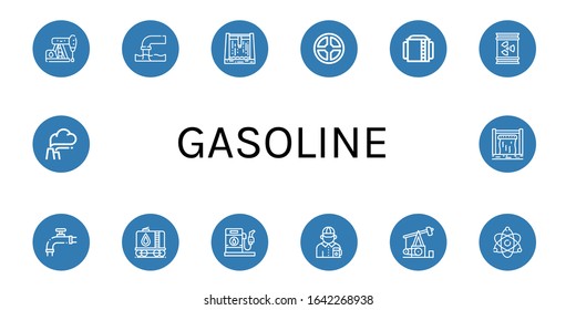 Set of gasoline icons. Such as Petroleum, Pollution, Dam, Valve, Storage tank, Barrel, Tank, Gas station, Gas station attendant, Pumpjack, Atomic energy , gasoline icons