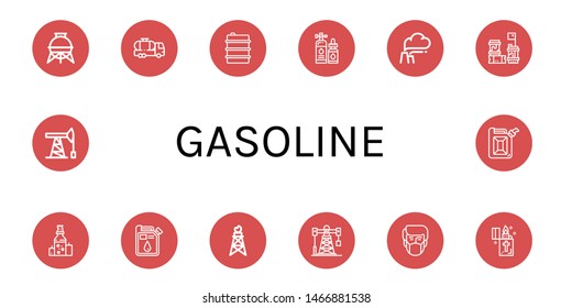 Set of gasoline icons such as Storage tank, Tank truck, Oil, Lubricant, Pollution, Barrels, Pumpjack, Oil rig, Lighter, Oil pump, Jerrycan , gasoline