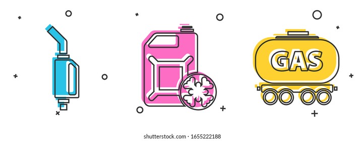 Set Gasoline pump nozzle, Antifreeze canister and Gas railway cistern icon. Vector