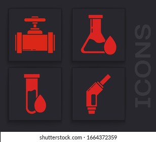 Monte la boquilla de la bomba de gasolina, las tuberías y válvulas metálicas de la industria, el tubo de ensayo de la gasolina de aceite y el icono del tubo de ensayo de la gasolina de aceite. Vector