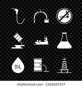 Set Gasoline pump nozzle, Industry pipe and valve, No Smoking, Oil drop, Barrel oil leak, rig with fire,  and tanker ship icon. Vector