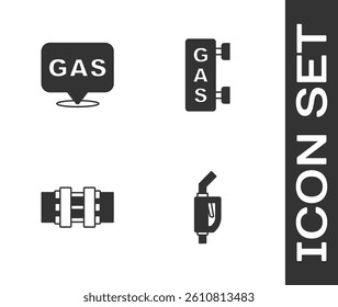 Set Gasoline pump nozzle, Location and gas station, Metallic pipes valve and filling icon. Vector