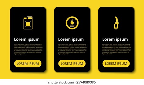 Set Gasoline pump nozzle, Motor gas gauge and Canister for gasoline. Business infographic template. Vector