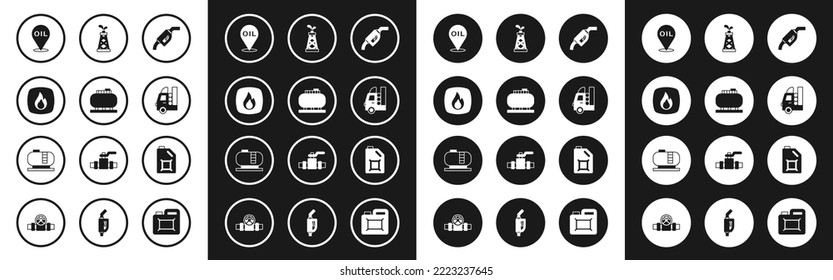 Set Gasoline pump nozzle, Oil tank storage, Fire flame, Refill petrol fuel location, for vehicle, rig, Canister motor oil and  icon. Vector
