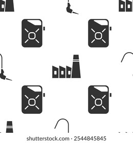 Set Gasoline pump nozzle, Oil industrial factory building and Canister for motor oil on seamless pattern. Vector