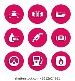Set Gasoline pump nozzle, Petrol or gas station, Fire flame, Metallic pipes and valve, Motor gauge, Oil drop, tanker ship and  icon. Vector
