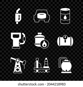 Set Gasoline pump nozzle, Spare wheel the car, Barrel oil, Oil or jack, platform sea, tank storage, Petrol gas station and Propane icon. Vector