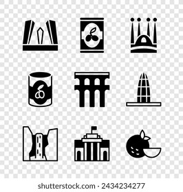 Set Gate of Europe, Olives in can, Sagrada Familia, Algar waterfall, Prado museum, Orange fruit,  and Aqueduct Segovia icon. Vector