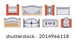 Set of gates, fence outdoor exterior entrance. Architectural ornament decoration railing wall from forged metal structures. Equipment for private street zone division, fence wickets garden houses