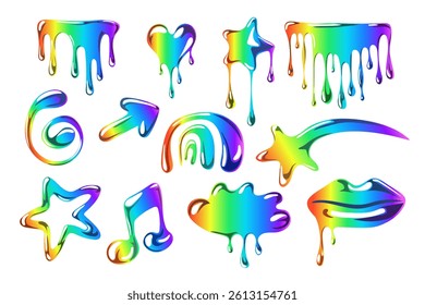 Set of gaudy rainbow elements with glossy. Collection of abstract bright and colorful shapes in y2k style. Isolated vector symbols star, heart, cloud, lips, flowing liquid, arrow, musical note. 