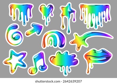 Set of gaudy rainbow stickers with glossy. Collection of abstract bright and colorful shapes in y2k . Isolated vector symbols star, heart, cloud, lips, flowing liquid, arrow, musical note. 