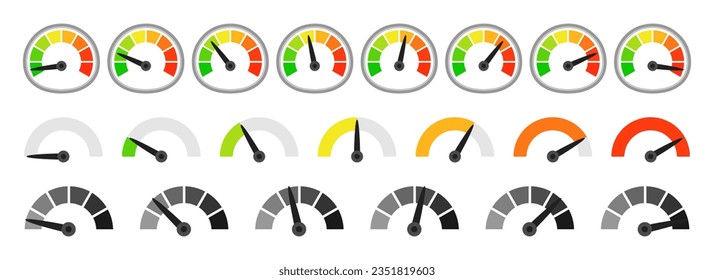 Set of gauge measuring indicator icons. Speedometer, measure indicator, gauge meter icon collection. Set of scale, level of performance