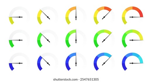 set of gauge meter icons. speedometer, tachymeter, percentage, scale dial gauges