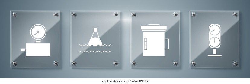 Set Gauge scale, Big flashlight for diver, Floating buoy on the sea and Gauge scale. Square glass panels. Vector