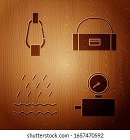 Set Gauge scale, Carabiner, Rain and waves and Case or box container for wobbler on wooden background. Vector