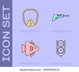 Ajuste la escala de calibre, máscara de buceo, pez y arpón de pesca icono. Vector