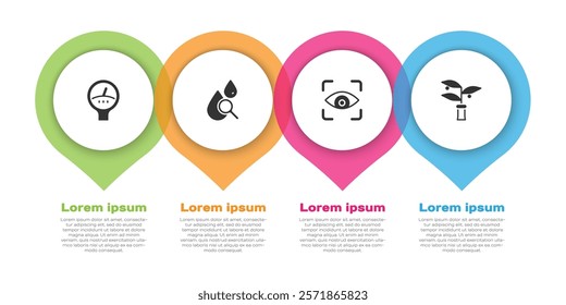 Set Gauge scale, Drop and magnifying glass, Eye scan and Plant breeding. Business infographic template. Vector