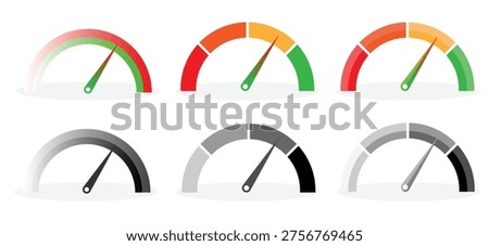 Set of gauge scale icons with needles, speedometer level indicators in color and grayscale for credit score, risk, performance