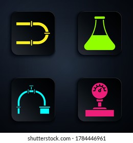 Ajuste la escala de los indicadores, el tubo de la industria, el tubo de la industria y la válvula y el tubo de ensayo de la gasolina de aceite. Botón cuadrado negro. Vector