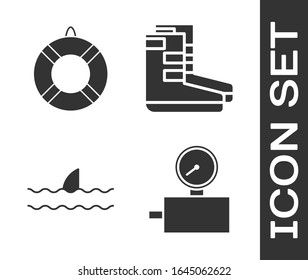 Set Gauge scale, Lifebuoy, Shark fin in ocean wave and Boots icon. Vector