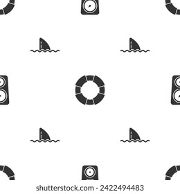 Set Gauge scale, Lifebuoy and Shark fin in ocean wave on seamless pattern. Vector