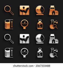 Set Gauge scale, Power station plant, Test tube, Medicine bottle and pills, Height geometrical figure, Atom, Magnifying glass and Graph chart infographic icon. Vector