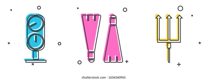 Set Gauge scale, Rubber flippers for swimming and Neptune Trident icon. Vector