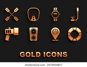 Set Gauge scale, Snorkel, Lifebuoy, Scallop sea shell, Flashlight, Diving watch, Paddle and mask icon. Vector