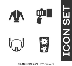 Set Gauge scale, Wetsuit, Diving mask and Flashlight icon. Vector