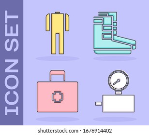 Set Gauge scale, Wetsuit for scuba diving, First aid kit and Boots icon. Vector