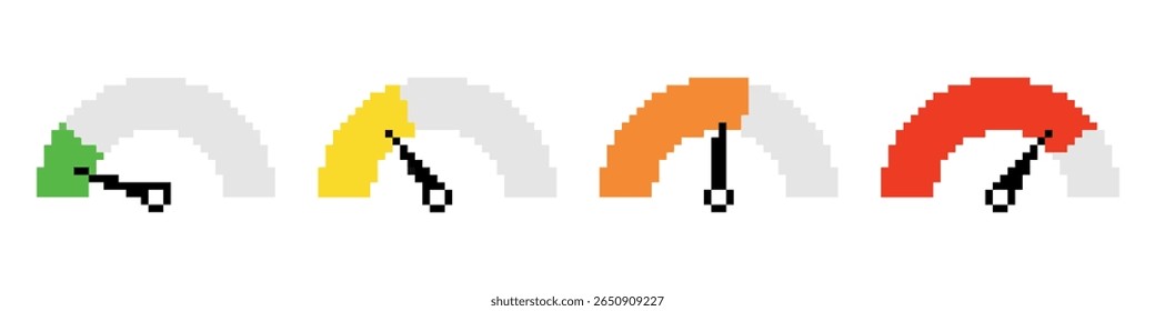 Set of Gauge templates in pixel art style. Colored speedometer indicators. Performance meter, filled display, labels. Isolated on white background