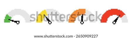 Set of Gauge templates in pixel art style. Colored speedometer indicators. Performance meter, filled display, labels. Isolated on white background