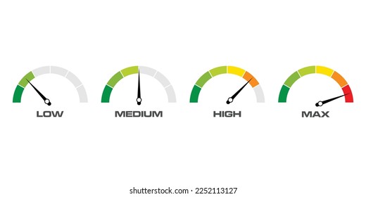 Set of gauges from low to high. Vector illustration.Speedometer scale.