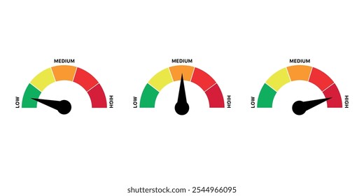 Set of gauges with needles pointing to various levels from low to high, labeled with medium.