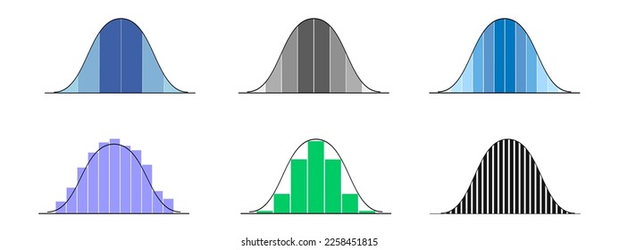 Conjunto de histogramas de distribución gaussianos o normales. Doblar plantillas de curva con columnas. Concepto de teoría de la probabilidad. Diseños para datos financieros, estadísticos o logísticos. Ilustración del vector