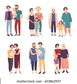 Set of gay couple with children of different ages. LGBT male and female with babies. Homosexual family collection. Colorful vector illustration in cartoon style.