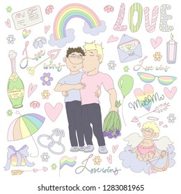 set of gay couple set doodles vector isolated